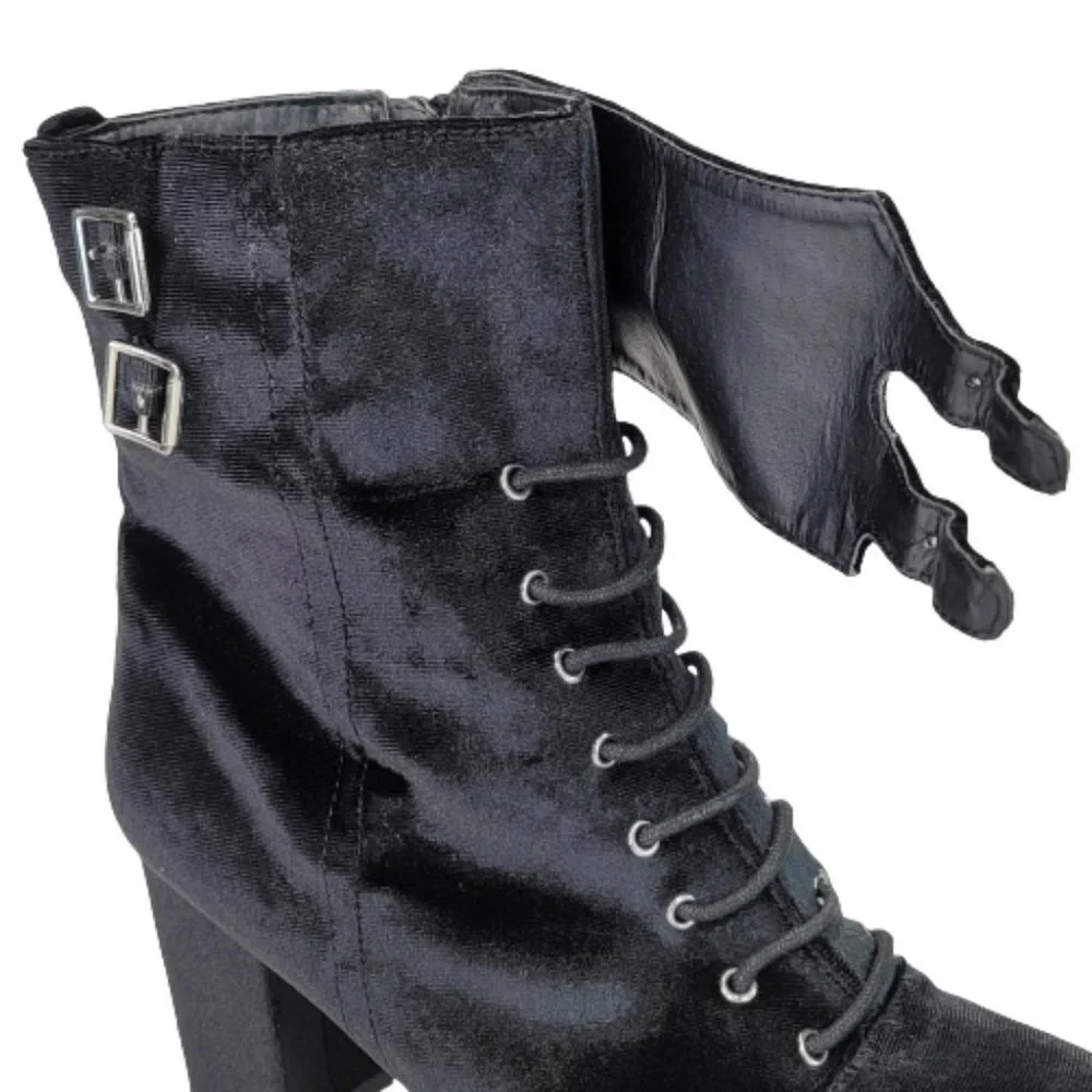 Diba Sz 8.5 Velveteen Cuffed Goth Buckle Lace Up Zip High Heel Ankle Boot Shoes